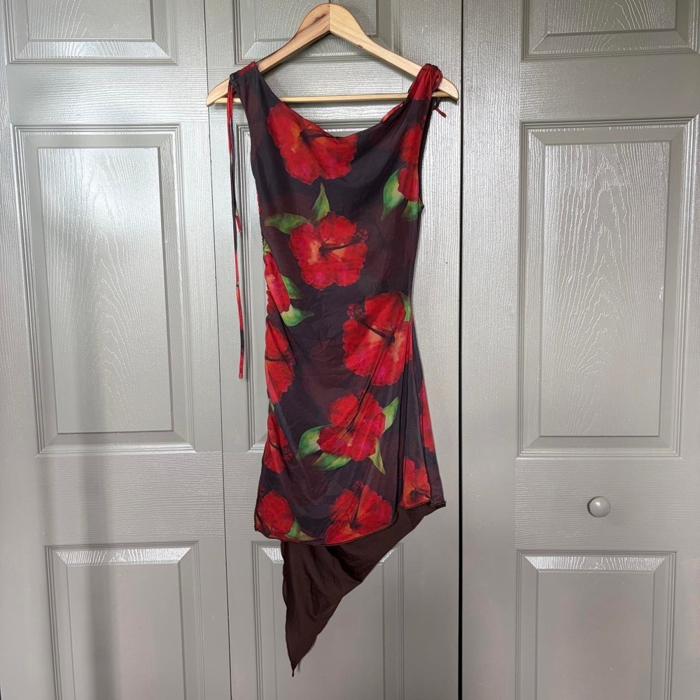 Princess Polly Red Floral Asymmetrical Mesh Dress Y2K Cowl Neck Size 6